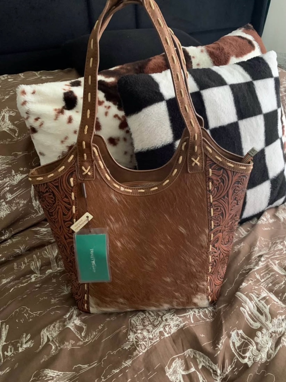 Brown Hair-On Leather Shoulder Tote with Tooled Trim